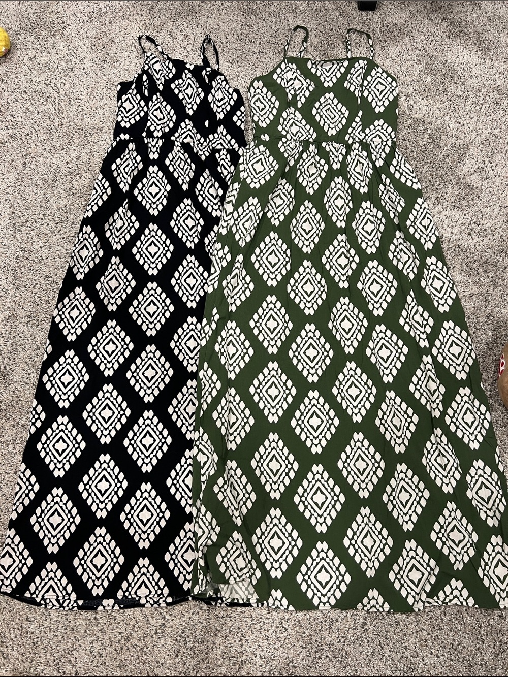 Olive Green and Black Printed Maxi Dress with White Geometric Pattern